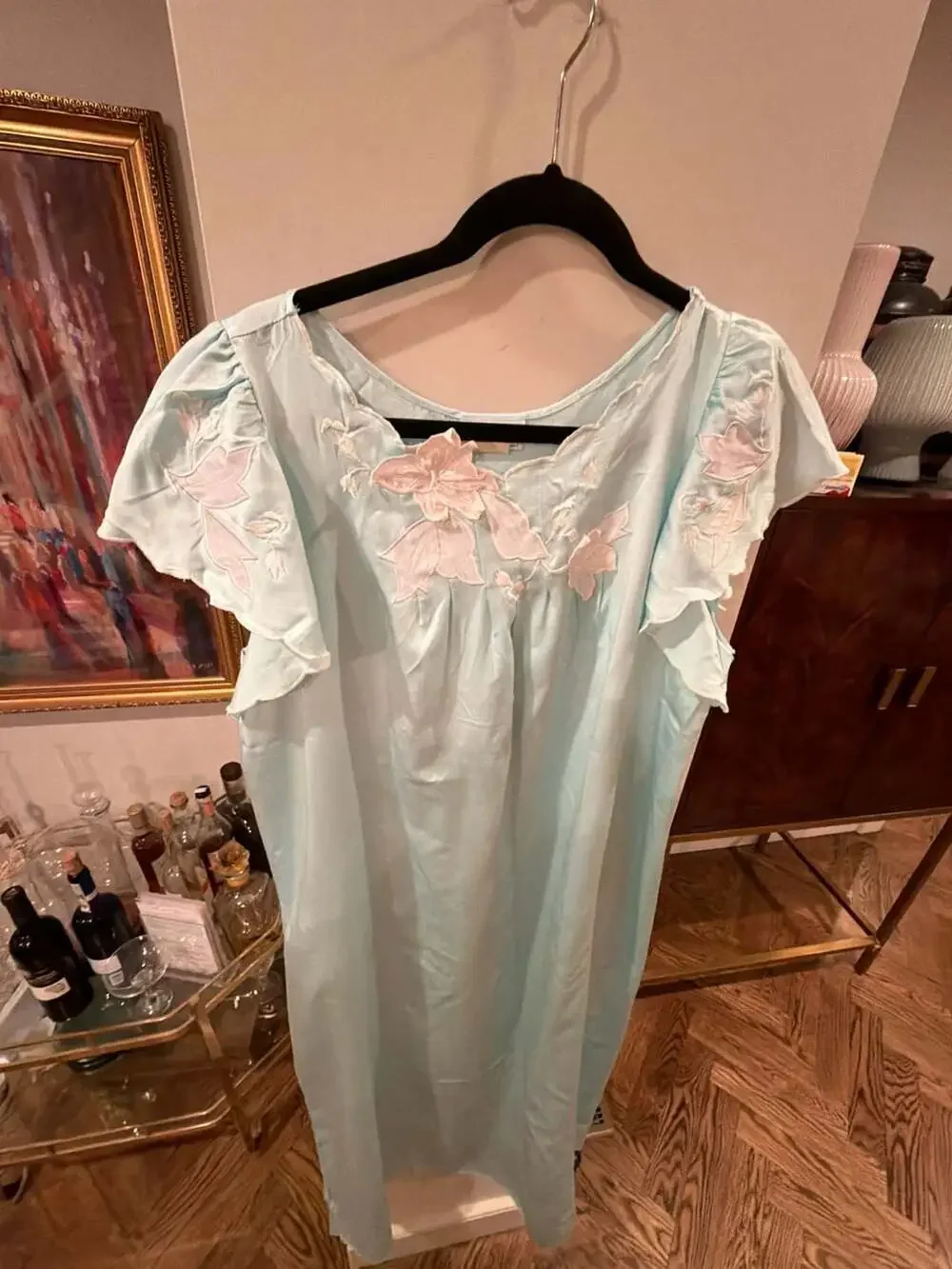 Natori Vintage Baby Blue Satin Nightgown Embroidered Floral Appliqué size S